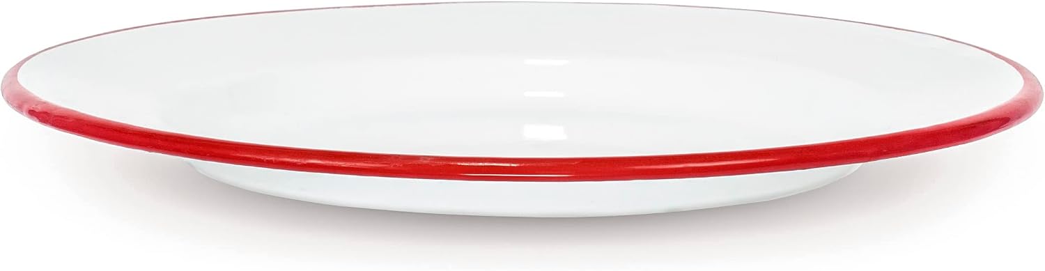Red Co. Set of 4 Enamelware Metal Classic 10" Round Dinner Plate, Solid White/Red Rim