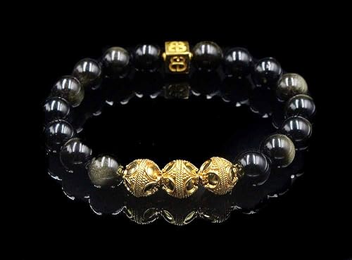 Miniatura 3 de Golden Obsidian and 22 Karat Gold Beads Bracelet, Stretch Gemstone 12mm Bracelet, Jewelry for Men