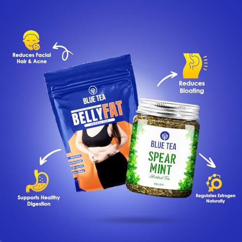 Image of BLUE TEA - Combo Pack - Belly Tea (30 Teabags) & Spearmint Herbal Tea (100 gm - 100 Cups) | Helps Manage Weight | PCOS Relief | Helps in Balancing Hormones | Caffeine Free | Zipper & Pet Jar