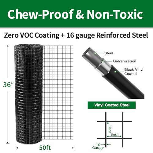 AMAGABELI GARDEN & HOME Black Hardware Cloth 1 x 1 inch 36inch x 50ft PVC Vinyl Coated Wire Mesh Roll Weld Wire Fence Chicken 16 Gauge Garden Fence Chicken Coop Wire Fencing Gopher Rabbit Tree Guard