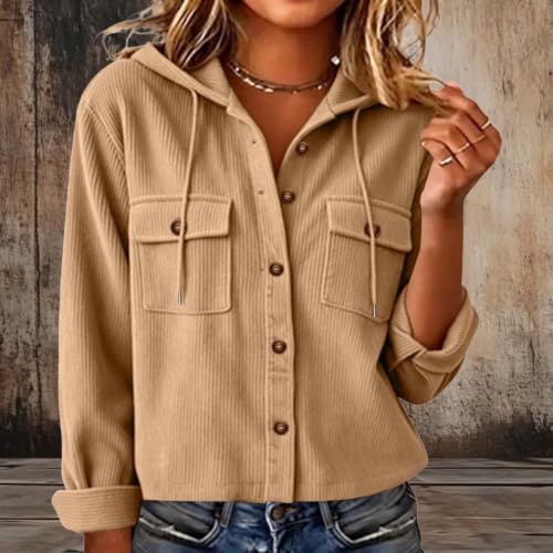 Womens Corduroy Jacket Hoodie Long Sleeve Button Down Cropped Jackets - image 2