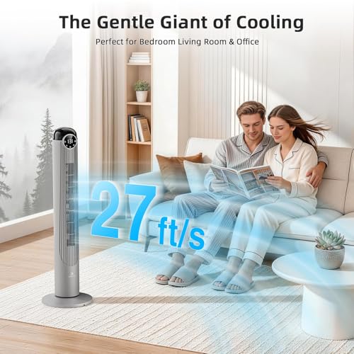 Image of Antarctic Star Tower Fan, 41 Inch DC Motor Bladeless Oscillating Fan with Remote, 6 Speeds & 4 Modes, LED Display, 9H Timer, Quiet Floor Standing Fan for Bedroom Living Room Office, Grey