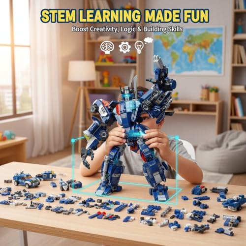 Image of SKY LINE OCEAN 6-in-1 Robot Building Blocks Set (750+ PCS) | Transforming Mech Models Construction Kit | STEM Educational Toy for Kids & Teens | Creative Play Set | 5 Year Structural Warranty