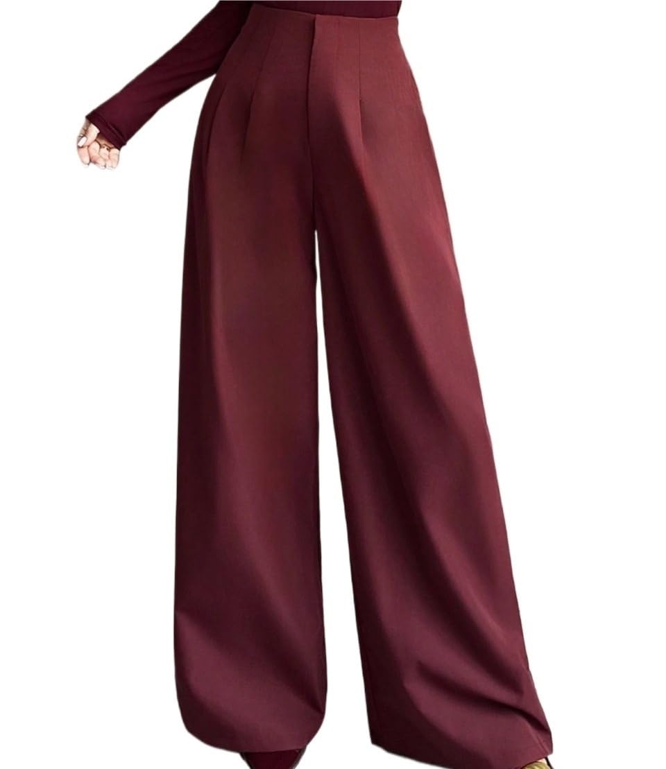 Womens High Straight Pants Elegant High Waist Zipper Pleated Loose Wide Leg Pants Autumn Winter X-Small Burgundy