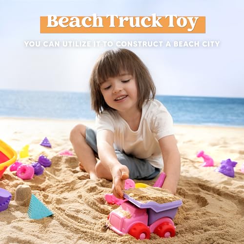 image for Sloosh Beach Sand Toys Set - Pink Dump Truck Car Toy with Sand Molds, 