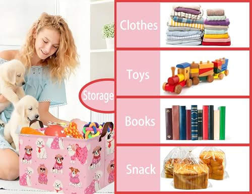 Image of Pink Dog Toy Basket Collapsible Puppy Bin Storage Organizer Large Pet Box With Handles (Girl Dog)