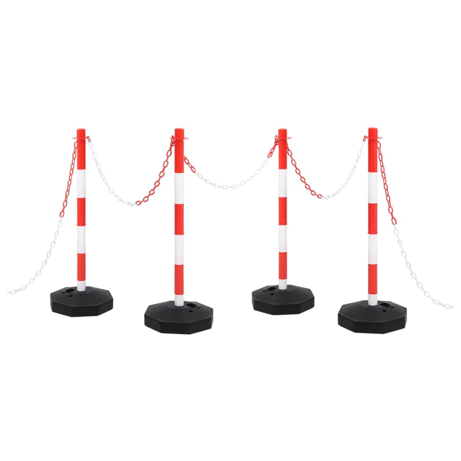Juego de Barrera con 4 Postes y 1 Cadena Barrera de Aparcamiento Poste de Tráfico Plástico 10 m Rojo, Blanco y Negro