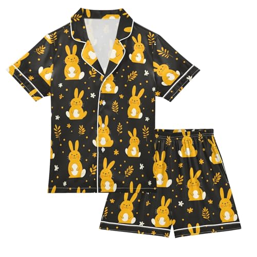 Cute Simple Yellow Bunny Summer Satin Pajama Set, Cute Button-Down Sleepwear Pj Set for Sleep Wears