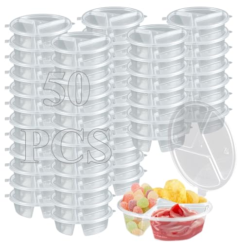 VirgoCCY 50 Pack 3 Compartment Condiment Lids, 5 oz Reusable and Disposable Snack Containers for Sauce, Dips, Crafts, Takeout, Microwavable, Leak-Proof.