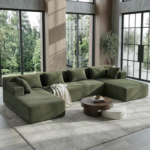 Image of MONVANE 141 inch U Shaped Cloud Sectional Couch with Chaise Lounge, Modular Sectional Sofa with Removable Armrests, Comfy Corduroy Boneless Couches for Living Room, No Assembly Required, Green