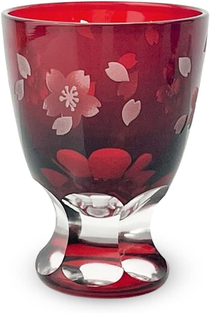 J-kitchens No755308 Kiriko Glass Cup Japanese Sake Ochoko Φ2.3 x H3.1 inches (59 x 80 mm), 3.1 fl oz (80 cc), Cherry Blossom, Red