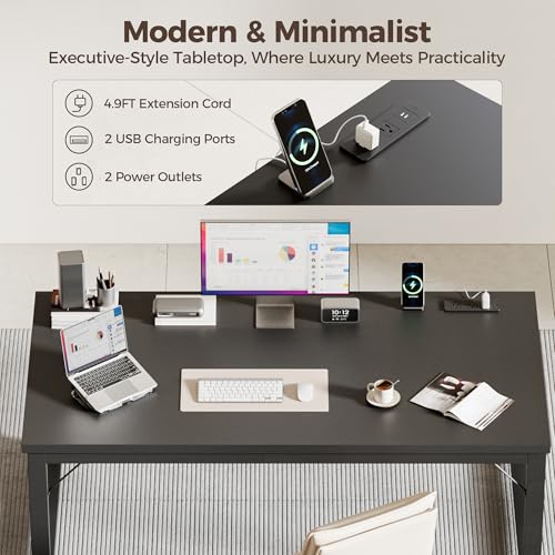 Image of 48 Inch Computer Desk with Power Outlets, 1.2 inch Thick Office Table | Modern Simple Style, Heavy Duty Industrial Frame, Small Study & Writing Table for Home Bedroom Work, Black