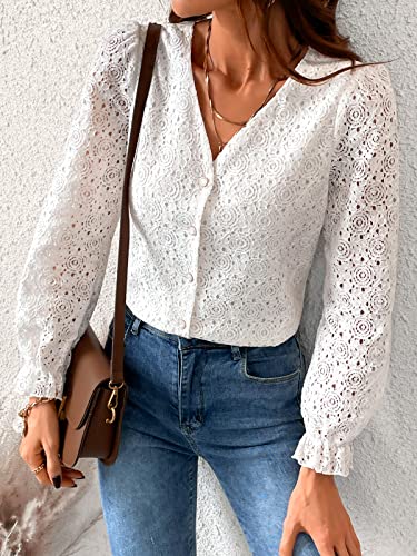Cupshe Women's Embroidered Button-Front Peasant Sleeve Tops Casual Solid Ruffled Cuffs Autumn Blouse,L White #TOP1