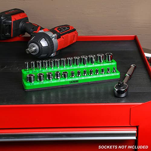 Image of ARES 60005 - Green 26-Piece 1 /4-Inch SAE Magnetic Socket Organizer - 13 Standard Size and 13 Deep Size Socket Holder - Keeps Your Tool Box Organized