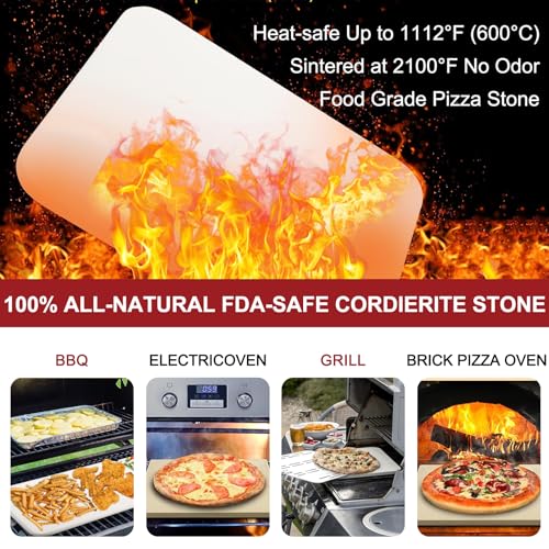 4 PCS Large Pizza Stone Set - Rectangle Pizza Stone For Oven And Grill, Wood Pizza Peel(OAK), Pizza Steel Cutter & 20pcs Cooking Paper, 15\" Baking Stone for Pizza, Bread and BBQ - Thumbnail 2