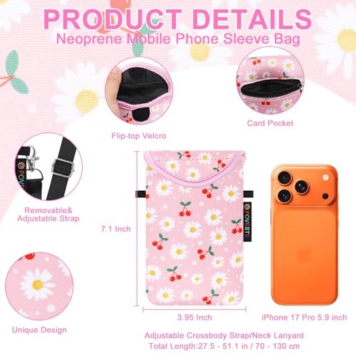 Image of POVESTE Neoprene Cell Phone Sleeve Pouch Case Bag with Crossbody Strap Lanyard for Women, Flap Closure Secure Cell Phone Bag with Pocket for Cards, Cash. (Cherry&Daisy)