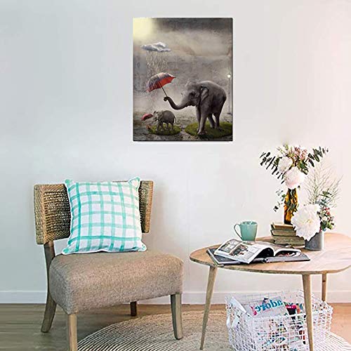 Agcary Elephants Hold Umbrellas For Baby Elephants Poster Wall Decor Print Oil Paintings Canvas Home Decor Wooden Framed Stretched Prints On Canvas Reproduction Ready To Hang 16" X 12" #TOP2