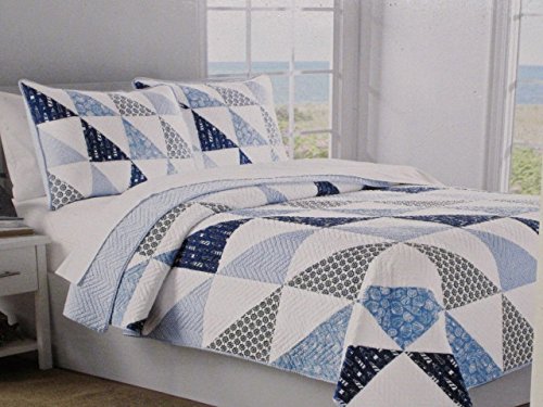 Max Studio Home Nautical Blue Coastal Shells Lighthouses Patchwork Twin Quilt Set (2 Shams Included)