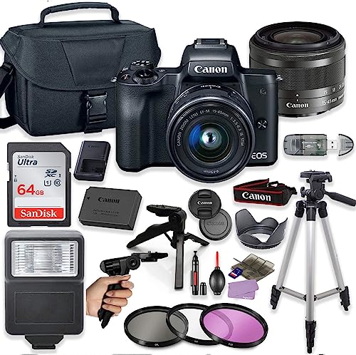 Canon EOS M50 Mark II Mirrorless Digital Camera (Black) with 15-45mm STM Lens + Deluxe Accessory Bundle Including Sandisk 64GB Card, Case, Flash, Grip Multi Angle Tripod, Tripod, Filters and More.