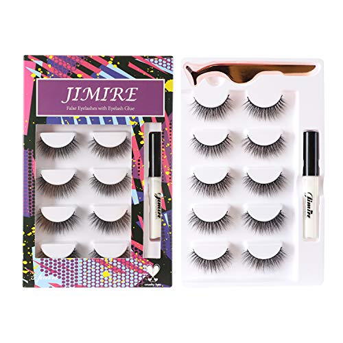 JIMIRE False Eyelashes Kit, Natural Lashes with Glue and Tweezers Round Strip False Lashes Kit 5 Pairs