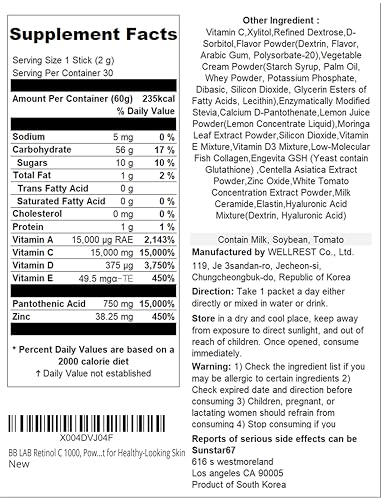 BB LAB Retinol C 1000, Powder Blend with Vitamin C, Retinol, Vitamin E, B5 & Zinc for Radiant Skin, Korea Inner Beauty Supplement for Healthy-Looking Skin — view 3