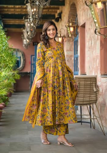 Image of MEERA FAB Women's Cotton Blend V-Neck Anarkali Printed Kurta with Palazzo & Dupatta