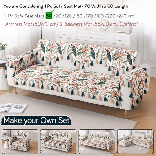 Image of HOKIPO Printed Holland Velvet Sofa Cover with Tassel for 1 /2 /3 Seater & L Shape Sofa | Make Your Own Set, 'Whispers of Nature' Sofa Mat, 70(W) x 60(L) cm, Multicolor Tropical Peacock (IN-1117-D1)