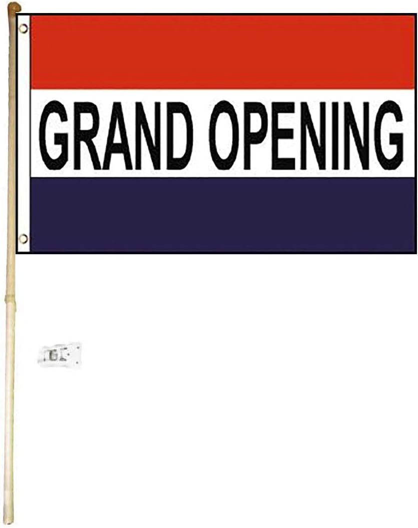 3x5 3'x5' Grand Opening Red White Blue Polyester Flag With 5' (Foot) Flag Pole Kit With Wall Mount Bracket & Screws (Imported)