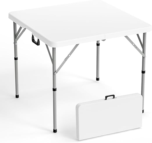 VINGLI 34" Fold in Half Square Table, Bi-Folding Commercial Table, Portable Plastic Dining Card Table for Kitchen or Outdoor Party Wedding Event, White