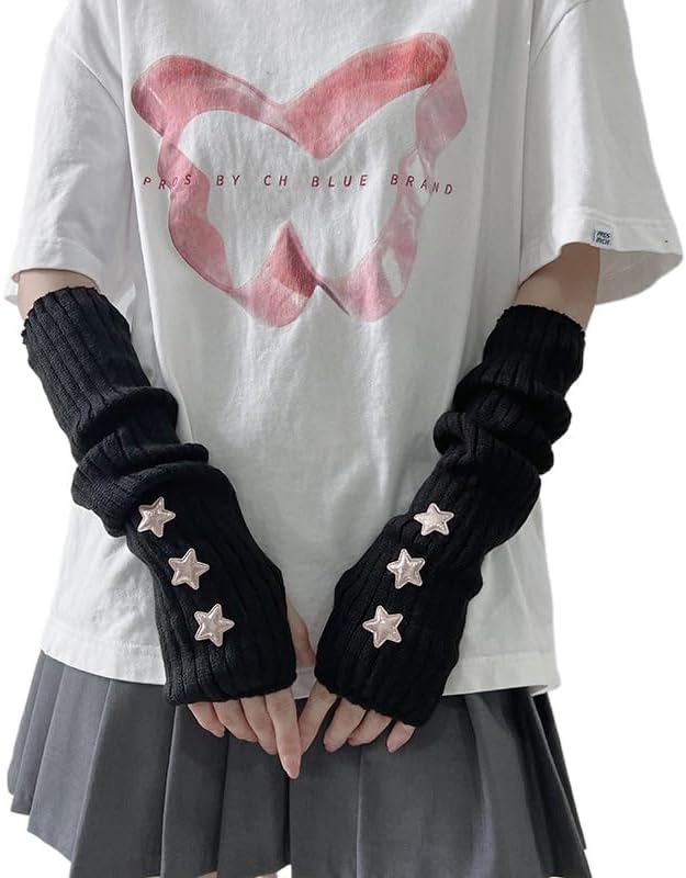Y2K Coquette Stars Arm Warmers Cute Knit Fingerless Gloves Gyaru Harajuke Lolita Arm Covers w/Thumb Hole Arm Sleeve