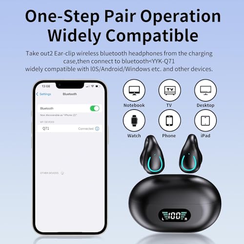 Open Ear Clip On Earbuds Wireless Bluetooth 5.3 bone conduction Headphones with LED Digital Display Charging Case Sport Earphones Built-in Mic IPX7 Waterproof for Running Walking, Workout Fitness