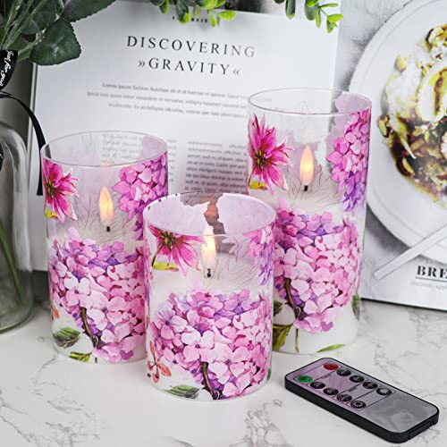 Image of Pink Hydrangea Glass Flameless Candles with Remote Timer Battery Operated LED Pillar Candles Realistic 3D Wick Flickering Real Wax Wedding Dinner Holiday Decor Candle 3 x 4,5,6 Inches