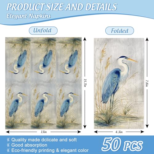 AnyDesign 50Pcs Blue Heron Guest Napkins Disposable Napkin Vintage Coastal Heron Dinner Hand Paper Napkins for Farmhouse Party Supplies Tableware Decor - Thumbnail 2