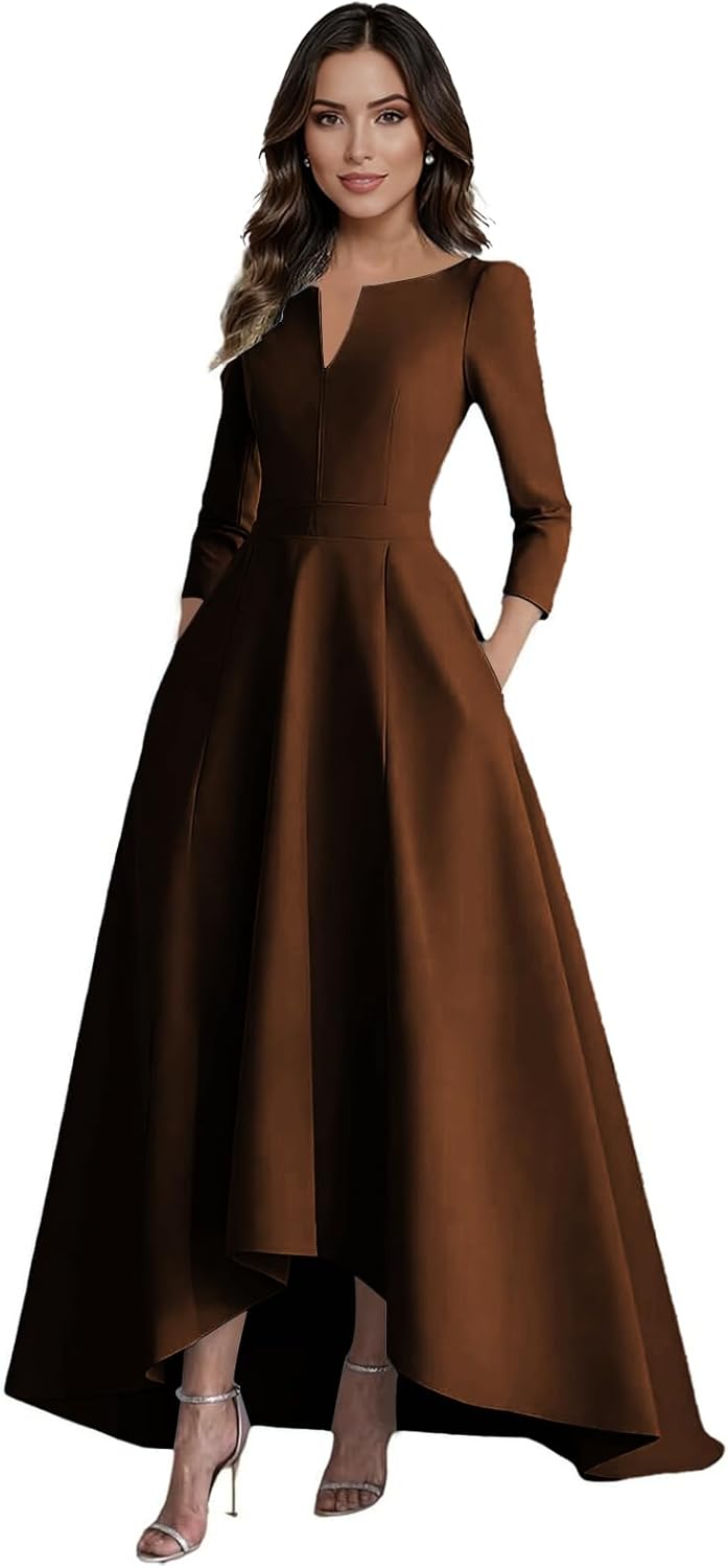Long Sleeve Satin Mother of The Bride Dresses High Low A Line Empire Waist Formal Evening Gowns with Pockets