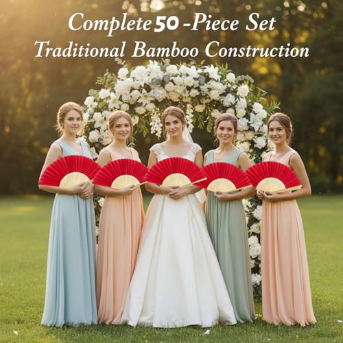 Miniatura 5 de Paquete De 50 Abanicos De Mano Plegables, Abanicos De Boda De Seda De Bambú Para Invitados, Chinos Decorativos Portátiles De 15 Pulgadas Para Regalos De Fiesta Y Decoración Del Hogar, Rojo