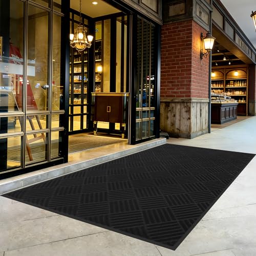 4' x 6' Indoor Outdoor Door Mat,Heavy Duty Commercial Grade Entrance Rug with PVC Non-Slip Backing, Durable Welcome Mat for Front/Back Door,Entryway,Low Profile Design with Mud Scraping Grooves(Black)
