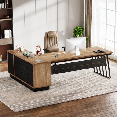 Image of Tribesigns 71-Inch Executive Desk, L-Shaped Desk with Cabinet, Large Office Desk with Drawers and Storage Shelves, Writing Table Computer Desk for Home Office, Oak and Black