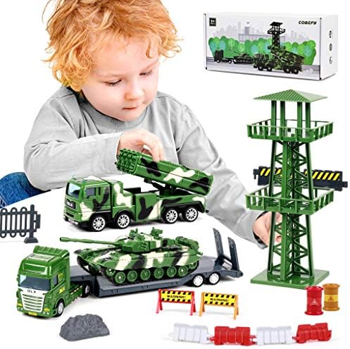 Military Vehicle Playset for Boys, Army Toys with Tank, Semi Flatbed Trailer, Missile Launcher Truck, Watchtower and Road Sign Accessories(40Pcs), Gift for Age 3 and up Kids Toddlers Children Present