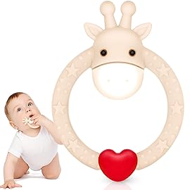 SHARE&CARE Christmas Silicone Giraffe Baby Teether Toy with Storage Case, for 3 Months Above Infant Sore Gums Pain Relief, Valentine\'s Festive Baby Teething Toys, Women Gift for Mom, Wife, Her (Cream)