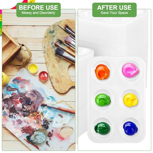 150pcs White Plastic Paint Tray Palette, 6 Well Rectangular Acrylic Paint Palette Watercolor for Students Kids, Durable Paints Holder Tray for Painting Party, DIY Craft and Art Painting Class