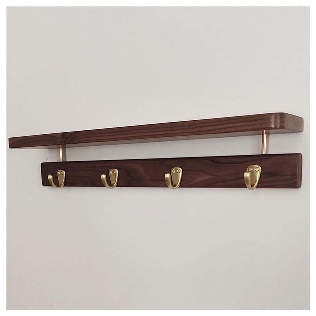 ZHOUXIAO Solid Wood Coat Rack with Shelf Wall Mount, Walnut Wood Coat Hooks Hanger 50cm