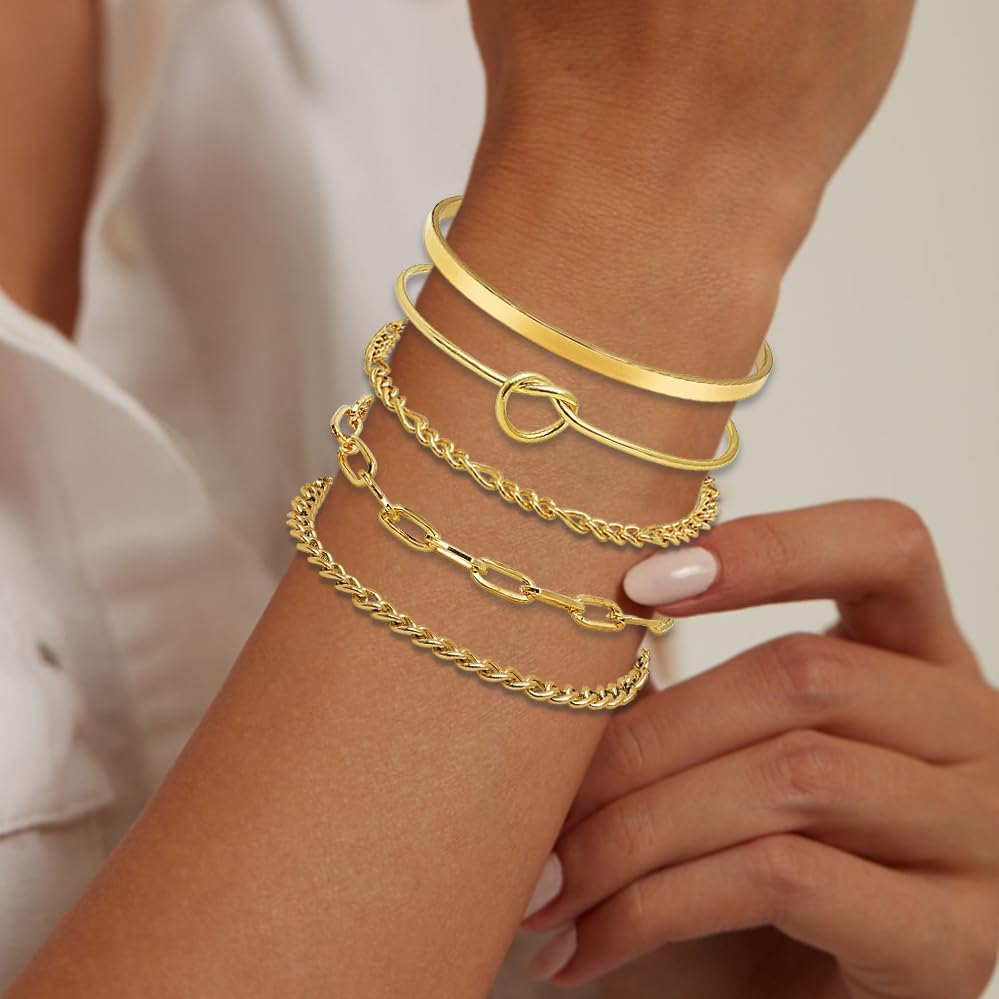 Gold Bracelets for women 14K Gold Bangle Bracelet Stack - Adjustable Waterproof Trendy Bracelets Stacks Bangles Non Tarnish Link Chain for Women Gifts - Image 2