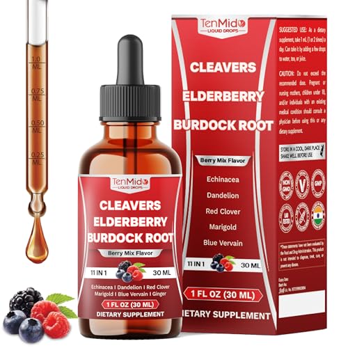 11in1 Lymphatic Drainage Drops with Cleavers, Elderberry, Burdock Root, Echinacea, Dandelion, Red Clover, Marigold, Blue Vervain, Ginger, Licorice, Rosehip - 30 Days Supply - 1FL Oz