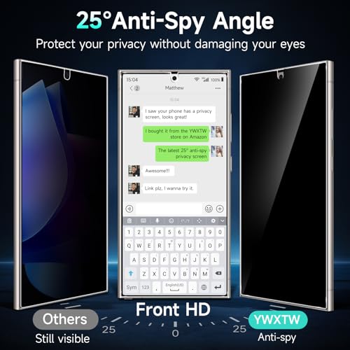 Image of YWXTW EZ Unlock for Samsung Galaxy S24 Ultra Privacy Screen Protector, [0.1S Ultrasonic Fingerprint Support] [Not Glass] 25 Anti Spy Private S24 Ultra Screen Protector Case Friendly, 2 Pack