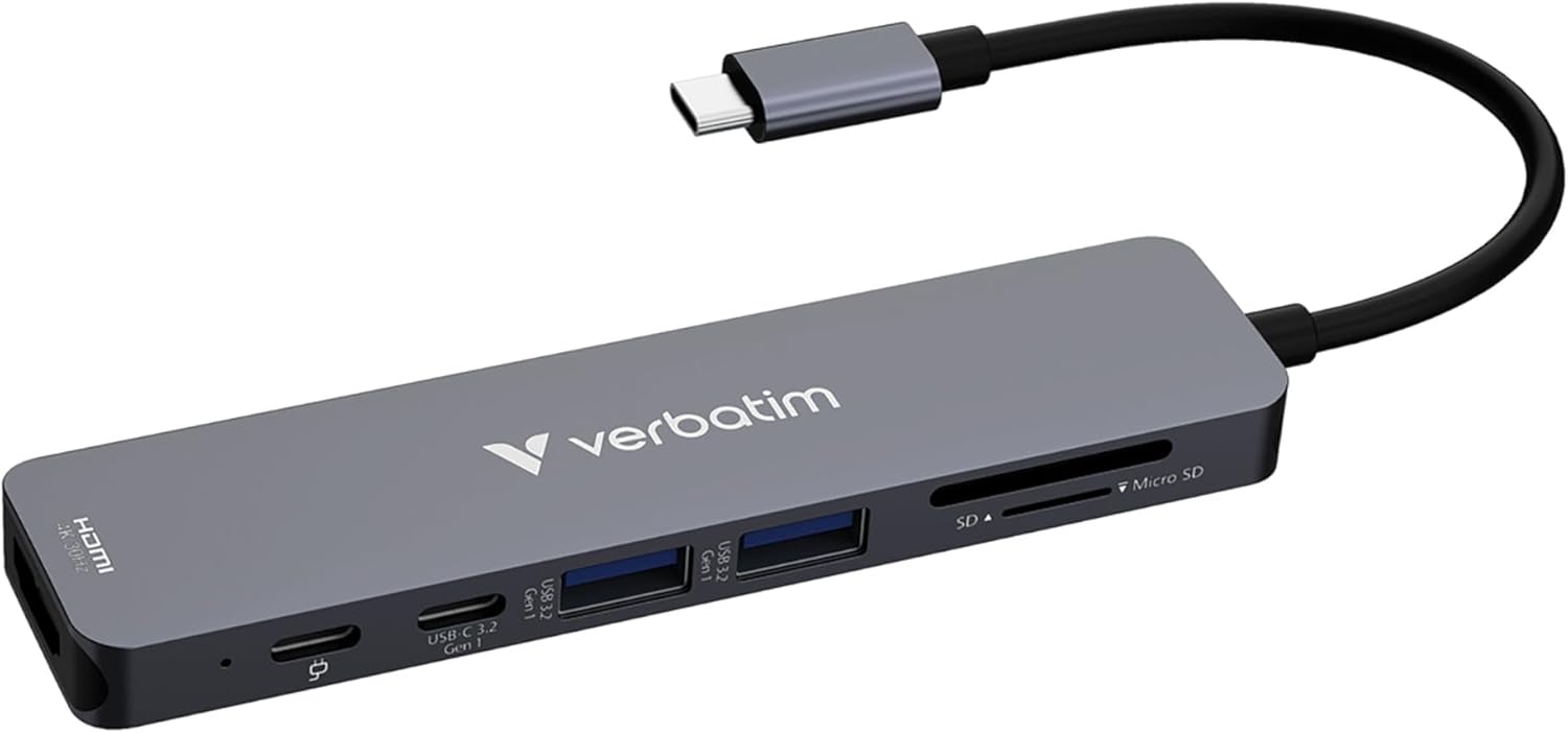 Verbatim USB-C Essentials Multiport Hub – 7 Ports: (2) USB-A 3.0/3.2 Gen 1, (2) USB-C 3.0/3.2 Gen 1, SD and Micro SD Card Slots with 4K HDMI and Up to 100W Power Delivery