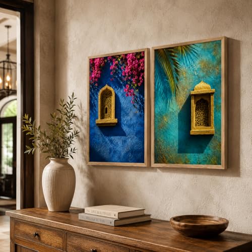 Image of Livin'luxe Set of 2 Blue Moroccan Window Wall Paintings for Living Room Bedroom Hallway Decor with Premium Wooden Color Synthetic Frame (25.5 x 19.5 Inch) NM02-103