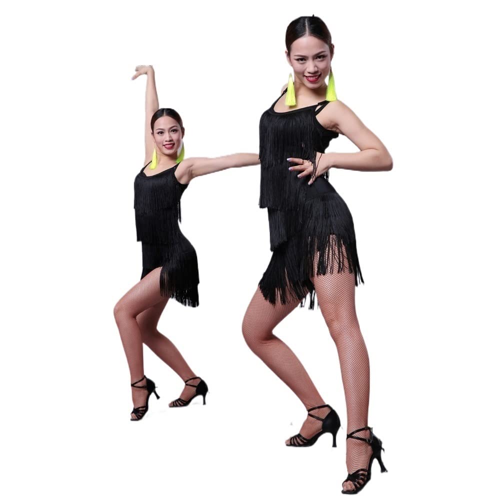 Vestiti da Ballo Latino Americano Vestito da Ballo Latino for Sala da Ballo Moderna da Donna con Frange in Nappa, Costume da Ballo di Tango, Costume da Ballo Sexy Rosso Nero