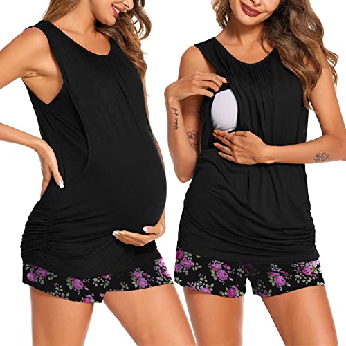 Image of Ekouaer Women Maternity Nursing Pajama Set Breastfeeding Double Layer Pregnancy Pjs Set Sleeveless Top & Shorts with Pockets