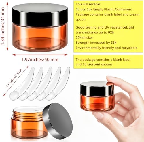 MotBach 15 Pack 30g Amber Plastic Jars Containers with Lids,1oz Empty Small Cosmetic Jars Makeup Containers,Refillable Round Jar Travel Cosmetic Container for Cream Lotion Sample Ointment,Black Lid - 1