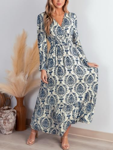CUPSHE Maxi Dresses for Women V Neck Ruffled Long Sleeve Paisley Smocked Waist A Line Casual Flowy Fall Wedding Guest Dress4